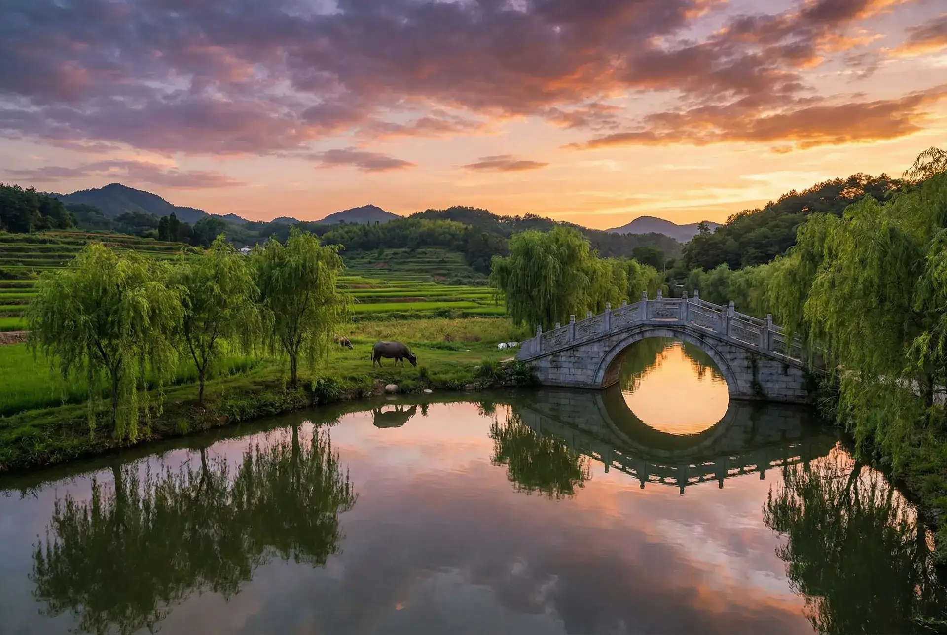 夕阳下的石拱桥与垂柳，水牛在河边吃草 - 脸萌电脑版 乡村美景